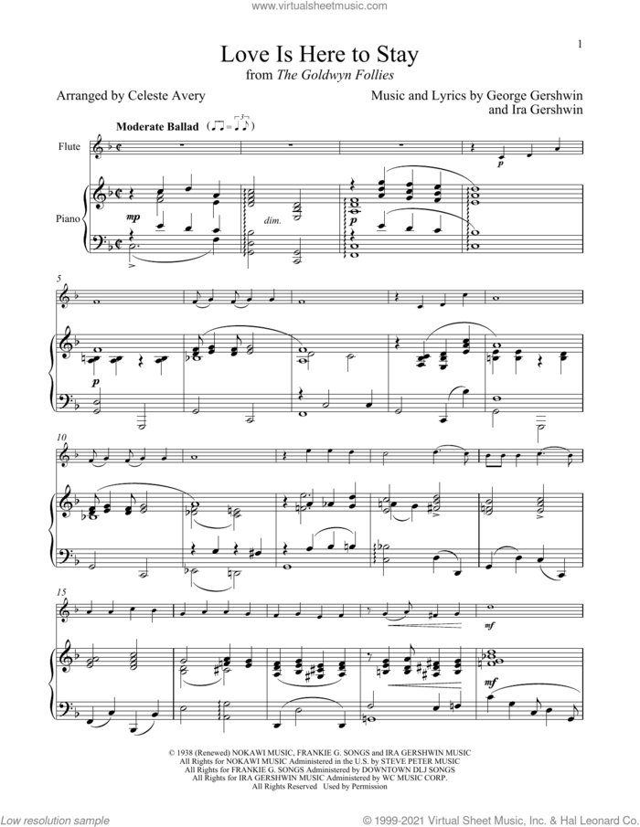 Love Is Here To Stay (from The Goldwyn Follies) sheet music for flute and piano by George Gershwin & Ira Gershwin, Celeste Avery, George Gershwin and Ira Gershwin, intermediate skill level