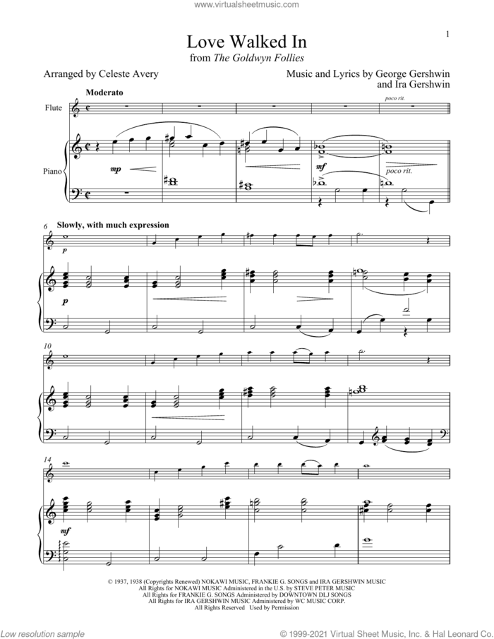 Love Walked In (from The Goldwyn Follies) sheet music for flute and piano by George Gershwin & Ira Gershwin, Celeste Avery, George Gershwin and Ira Gershwin, intermediate skill level
