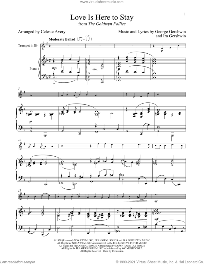 Love Is Here To Stay (from The Goldwyn Follies) sheet music for trumpet and piano by George Gershwin & Ira Gershwin, Celeste Avery, George Gershwin and Ira Gershwin, intermediate skill level