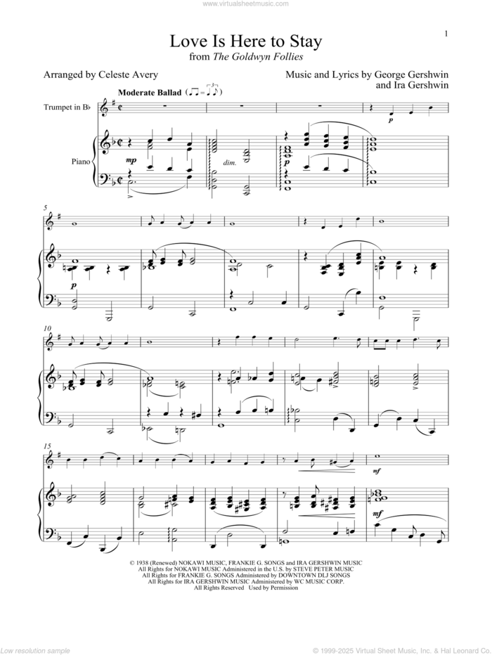 Love Is Here To Stay (from The Goldwyn Follies) sheet music for trumpet and piano by George Gershwin & Ira Gershwin, Celeste Avery, George Gershwin and Ira Gershwin, intermediate skill level