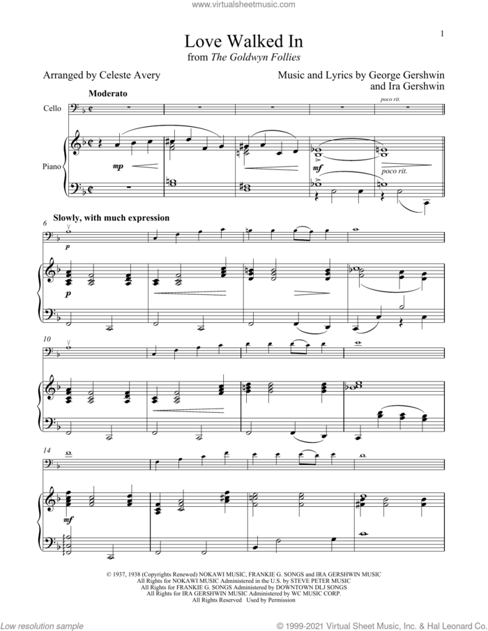 Love Walked In (from The Goldwyn Follies) sheet music for cello and piano by George Gershwin & Ira Gershwin, Celeste Avery, George Gershwin and Ira Gershwin, intermediate skill level