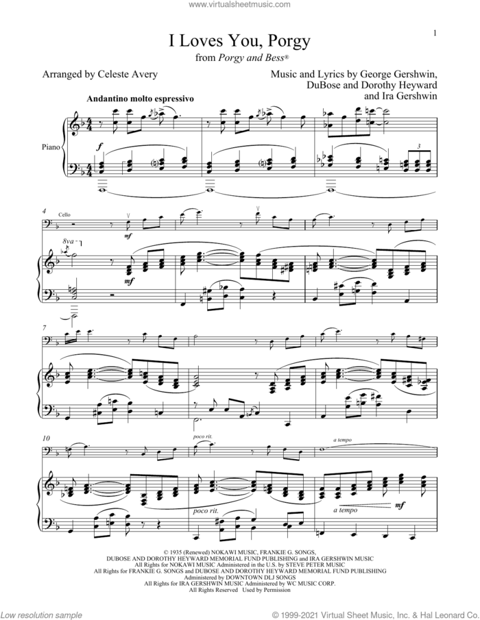 I Loves You, Porgy (from Porgy and Bess) sheet music for cello and piano by George Gershwin & Ira Gershwin, Celeste Avery, Dorothy Heyward, DuBose Heyward, George Gershwin and Ira Gershwin, intermediate skill level