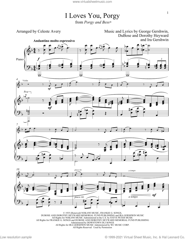 I Loves You, Porgy (from Porgy and Bess) sheet music for violin and piano by George Gershwin, Dorothy Heyward, DuBose Heyward and Ira Gershwin, intermediate skill level