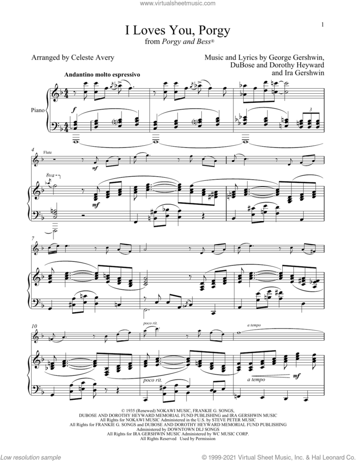 I Loves You, Porgy (from Porgy and Bess) sheet music for flute and piano by George Gershwin & Ira Gershwin, Celeste Avery, Dorothy Heyward, DuBose Heyward, George Gershwin and Ira Gershwin, intermediate skill level