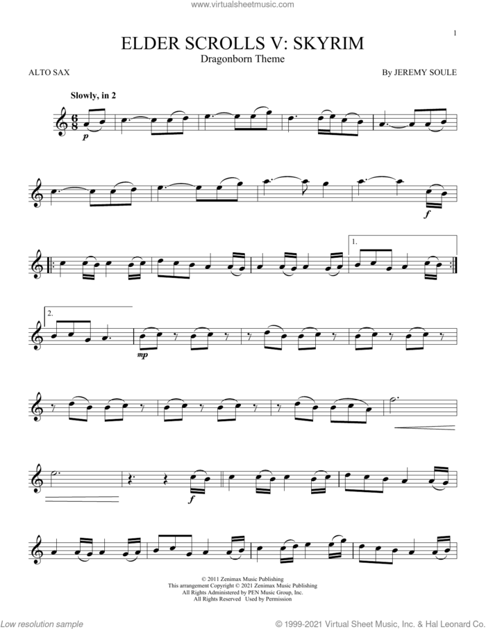 Dragonborn (Skyrim Theme) sheet music for alto saxophone solo by Jeremy Soule, intermediate skill level
