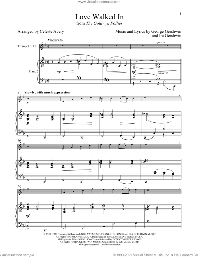 Love Walked In (from The Goldwyn Follies) sheet music for trumpet and piano by George Gershwin & Ira Gershwin, Celeste Avery, George Gershwin and Ira Gershwin, intermediate skill level