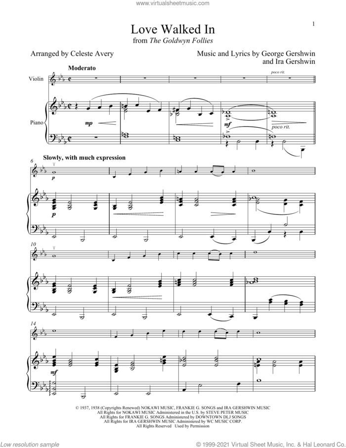 Love Walked In (from The Goldwyn Follies) sheet music for violin and piano by George Gershwin & Ira Gershwin, Celeste Avery, George Gershwin and Ira Gershwin, intermediate skill level