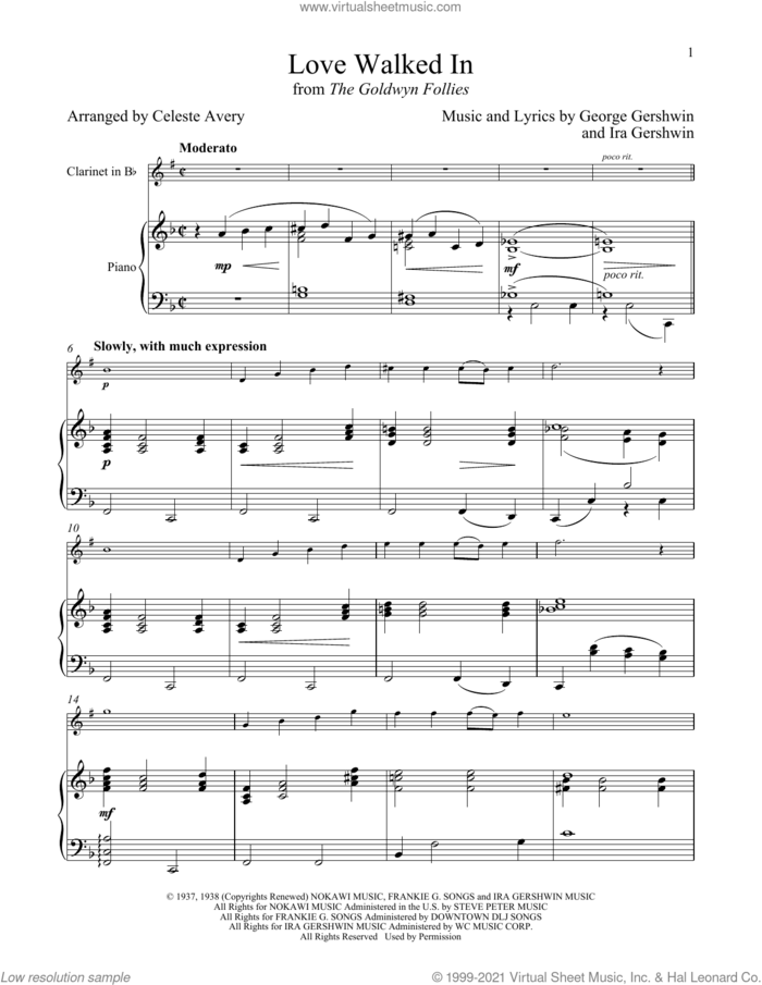 Love Walked In (from The Goldwyn Follies) sheet music for clarinet and piano by George Gershwin & Ira Gershwin, Celeste Avery, George Gershwin and Ira Gershwin, intermediate skill level