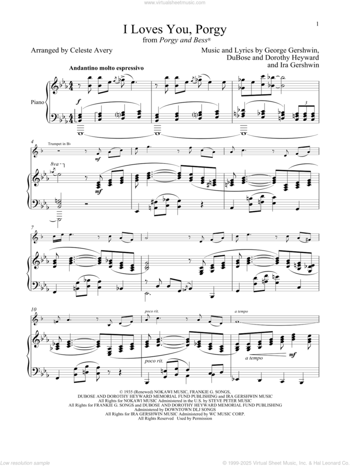 I Loves You, Porgy (from Porgy and Bess) sheet music for trumpet and piano by George Gershwin & Ira Gershwin, Celeste Avery, Dorothy Heyward, DuBose Heyward, George Gershwin and Ira Gershwin, intermediate skill level