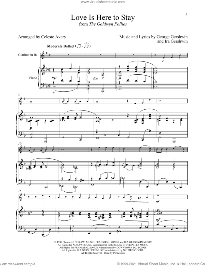 Love Is Here To Stay (from The Goldwyn Follies) sheet music for clarinet and piano by George Gershwin & Ira Gershwin, Celeste Avery, George Gershwin and Ira Gershwin, intermediate skill level