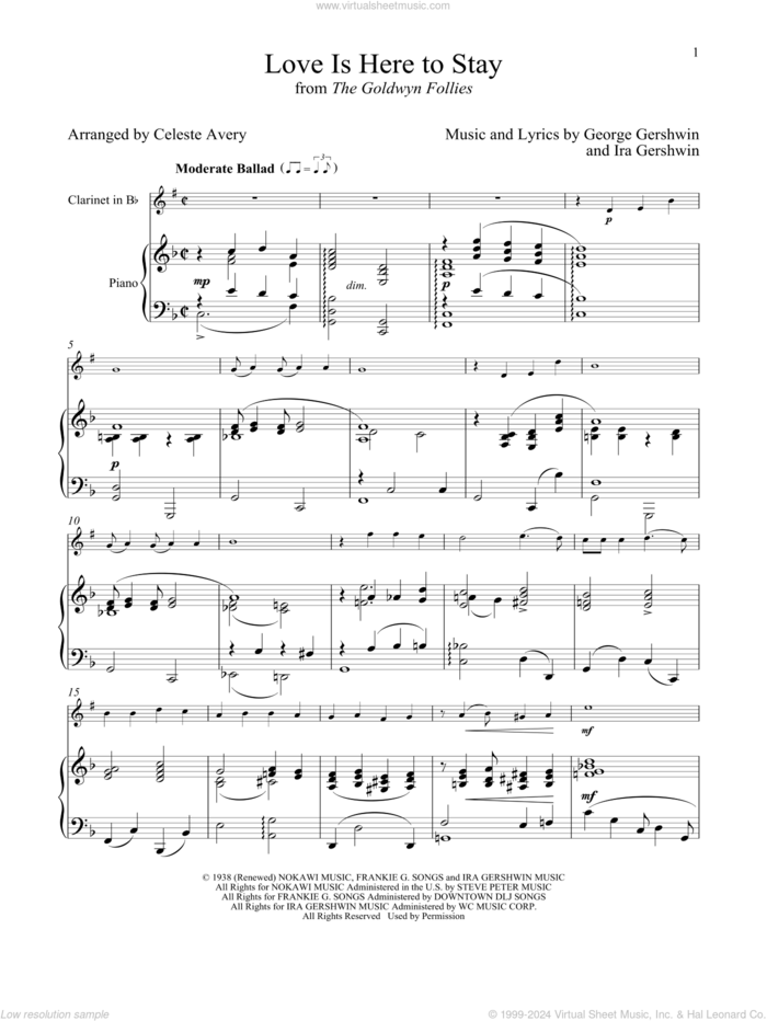 Love Is Here To Stay (from The Goldwyn Follies) sheet music for clarinet and piano by George Gershwin & Ira Gershwin, Celeste Avery, George Gershwin and Ira Gershwin, intermediate skill level