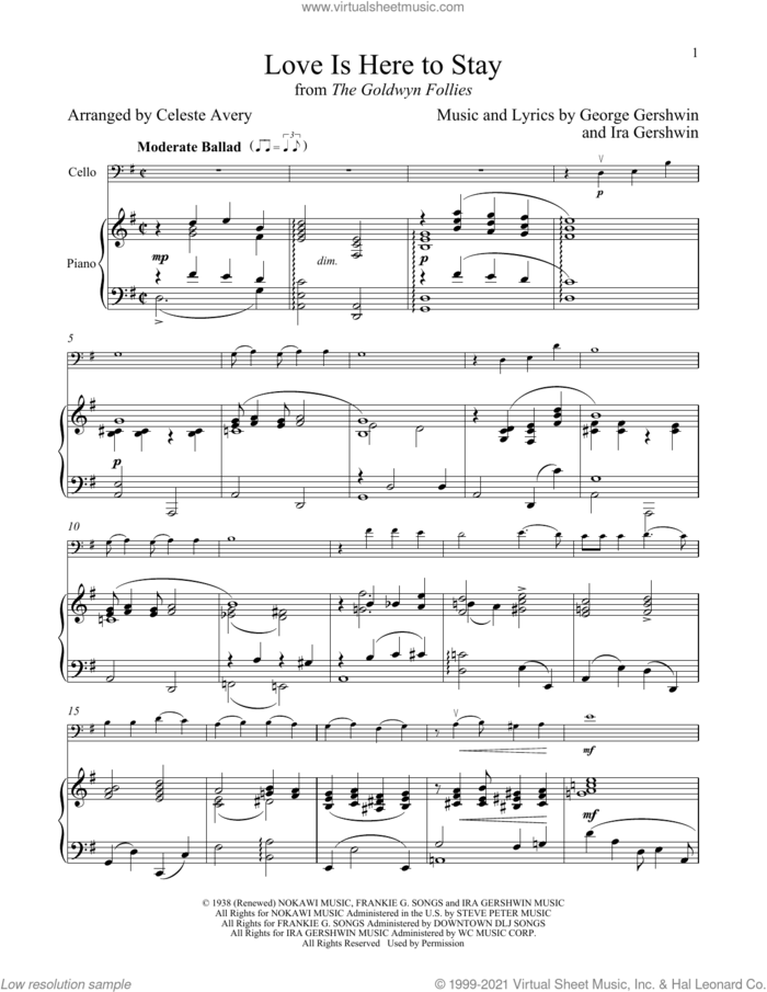 Love Is Here To Stay (from The Goldwyn Follies) sheet music for cello and piano by George Gershwin & Ira Gershwin, Celeste Avery, George Gershwin and Ira Gershwin, intermediate skill level