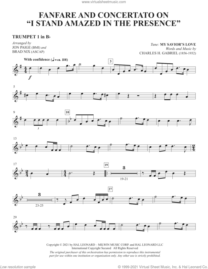 Fanfare And Concertato On 'I Stand Amazed In The Presence' (arr Jon Paige and Brad Nix) sheet music for orchestra/band (Bb trumpet 1) by Charles H. Gabriel, Brad Nix and Jon Paige, intermediate skill level