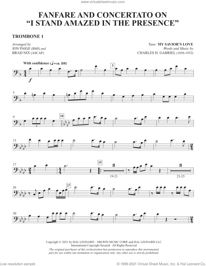 Fanfare And Concertato On 'I Stand Amazed In The Presence' (arr Jon Paige and Brad Nix) sheet music for orchestra/band (trombone 1) by Charles H. Gabriel, Brad Nix and Jon Paige, intermediate skill level