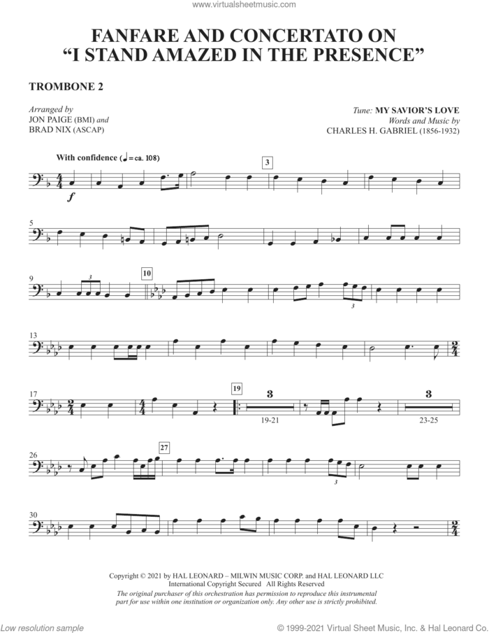 Fanfare And Concertato On 'I Stand Amazed In The Presence' (arr Jon Paige and Brad Nix) sheet music for orchestra/band (trombone 2) by Charles H. Gabriel, Brad Nix and Jon Paige, intermediate skill level