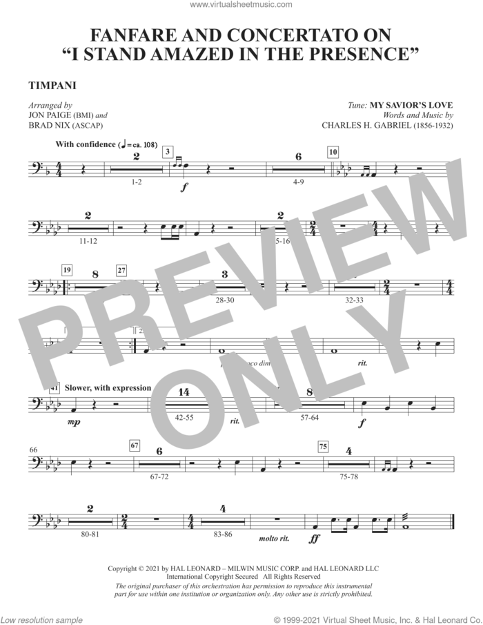 Fanfare And Concertato On 'I Stand Amazed In The Presence' (arr Jon Paige and Brad Nix) sheet music for orchestra/band (timpani) by Charles H. Gabriel, Brad Nix and Jon Paige, intermediate skill level