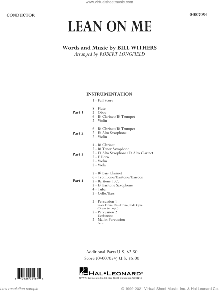 Lean on Me (arr. Robert Longfield) (COMPLETE) sheet music for concert band by Robert Longfield and Bill Withers, intermediate skill level