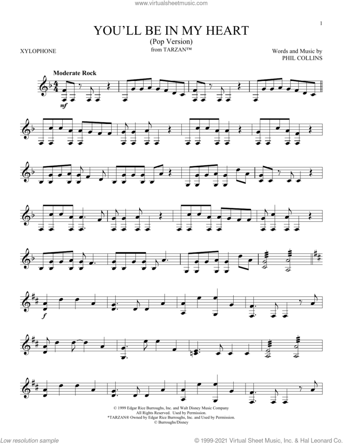 You'll Be In My Heart (from Tarzan) sheet music for Xylophone Solo (xilofone, xilofono, silofono) by Phil Collins, intermediate skill level