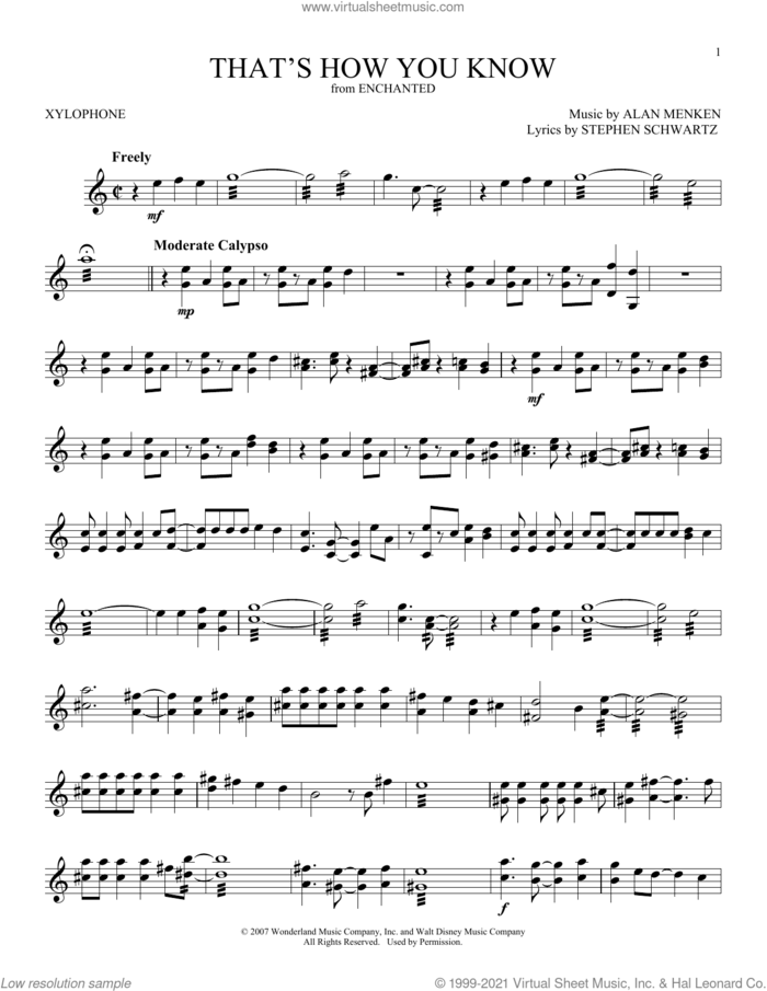 That's How You Know (from Enchanted) sheet music for Xylophone Solo (xilofone, xilofono, silofono) by Amy Adams, Alan Menken and Stephen Schwartz, intermediate skill level