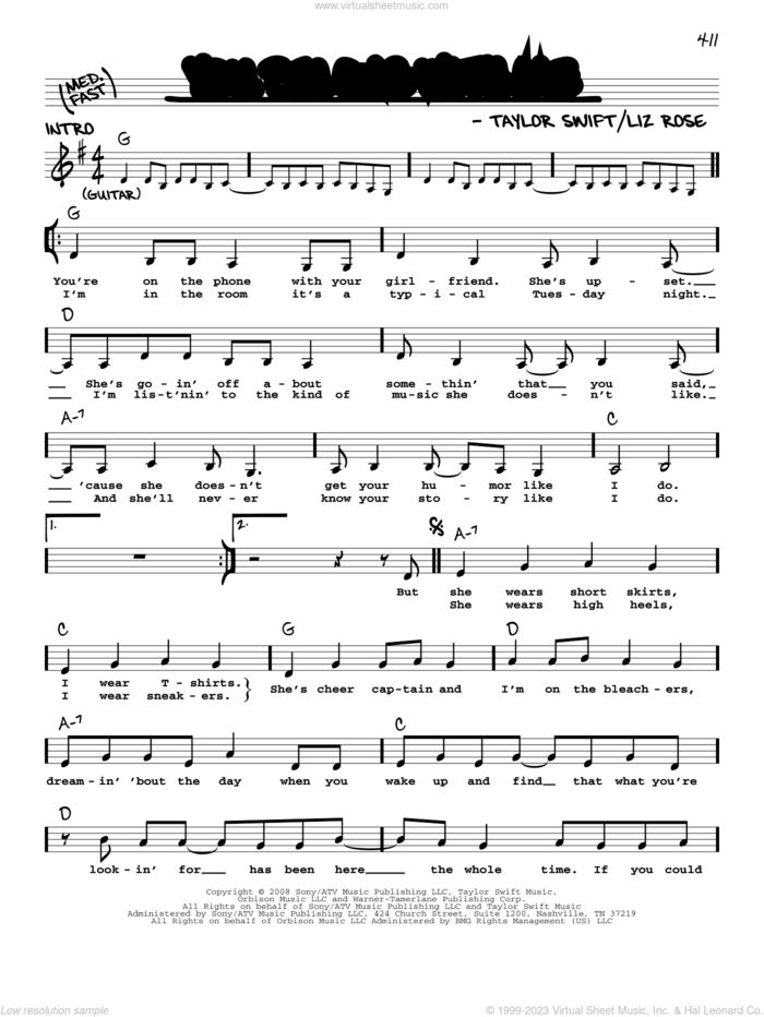You Belong With Me sheet music for voice and other instruments (real book with lyrics) by Taylor Swift and Liz Rose, intermediate skill level