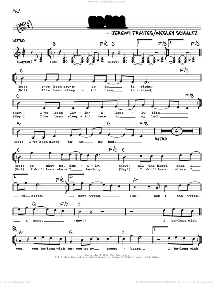 Ho Hey sheet music for voice and other instruments (real book with lyrics) by The Lumineers, Jeremy Fraites and Wesley Schultz, intermediate skill level