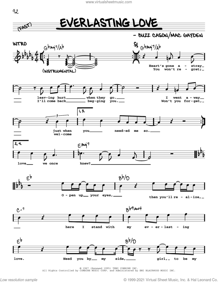 Everlasting Love sheet music for voice and other instruments (real book with lyrics) by The Love Affair, Gloria Estefan, Buzz Cason and Mac Gayden, intermediate skill level