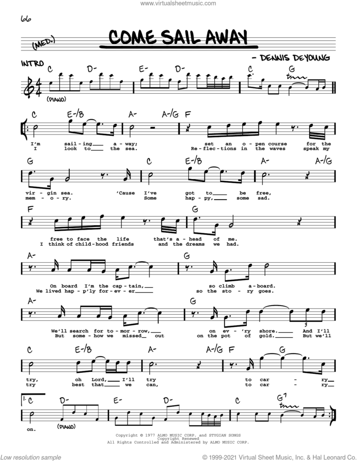 Come Sail Away sheet music for voice and other instruments (real book with lyrics) by Styx and Dennis DeYoung, intermediate skill level