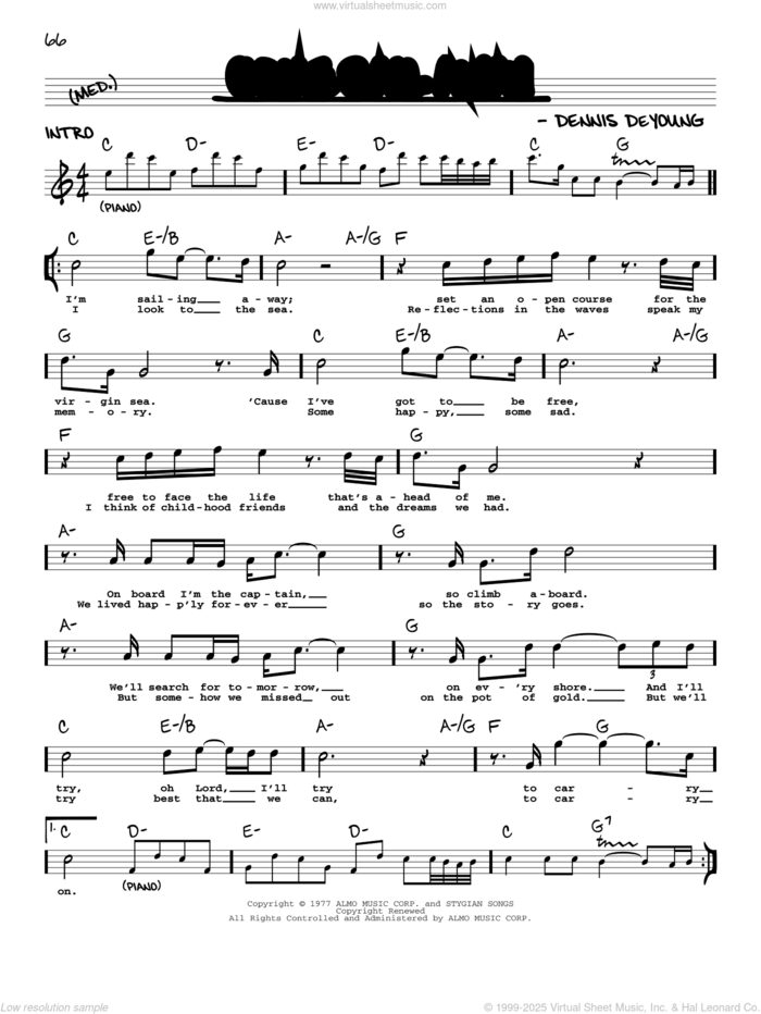 Come Sail Away sheet music for voice and other instruments (real book with lyrics) by Styx and Dennis DeYoung, intermediate skill level