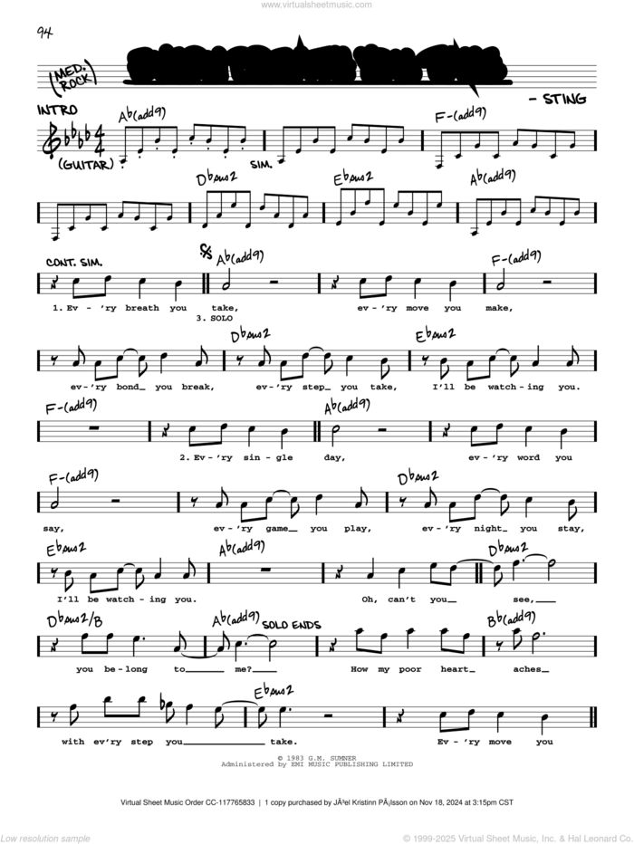 Every Breath You Take sheet music for voice and other instruments (real book with lyrics) by The Police and Sting, intermediate skill level