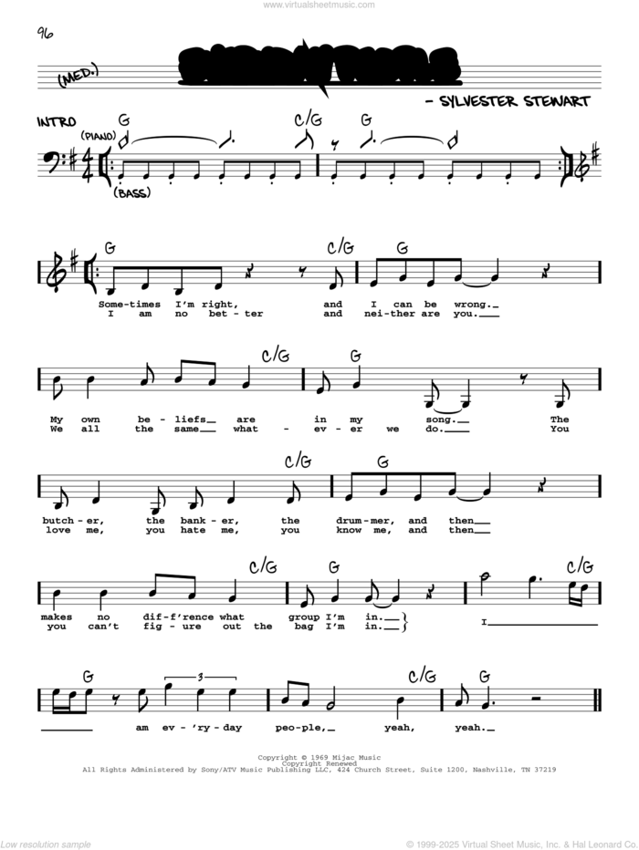 Everyday People sheet music for voice and other instruments (real book with lyrics) by Sly & The Family Stone and Sylvester Stewart, intermediate skill level