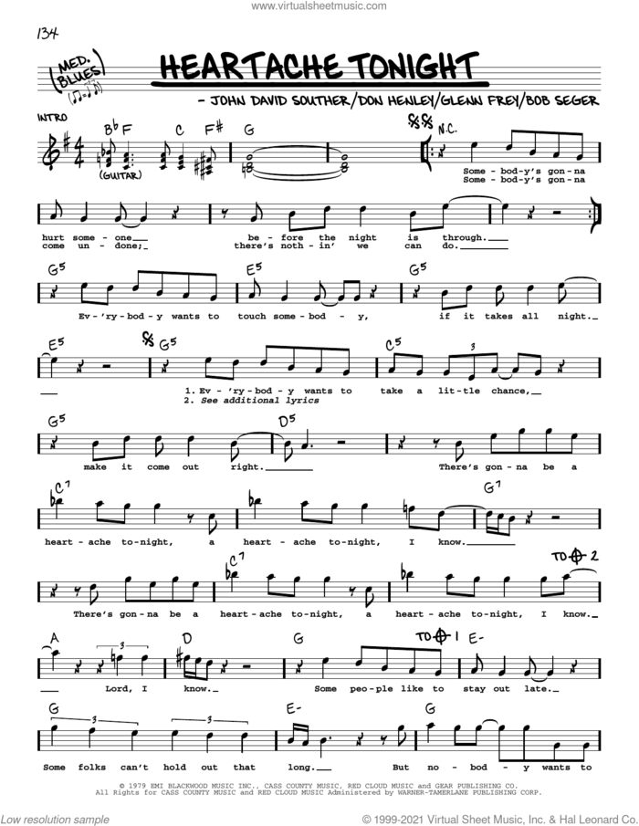 Heartache Tonight sheet music for voice and other instruments (real book with lyrics) by Bob Seger, The Eagles, Don Henley, Glenn Frey and John David Souther, intermediate skill level