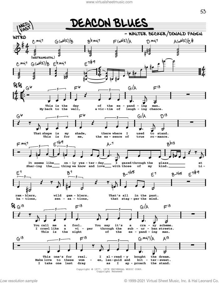 Deacon Blues sheet music for voice and other instruments (real book with lyrics) by Steely Dan, Donald Fagen and Walter Becker, intermediate skill level