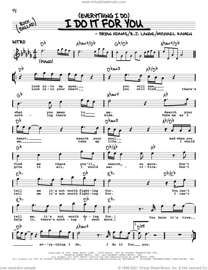 (Everything I Do) I Do It For You sheet music for voice and other instruments (real book with lyrics) by Bryan Adams, Michael Kamen and Robert John Lange, intermediate skill level
