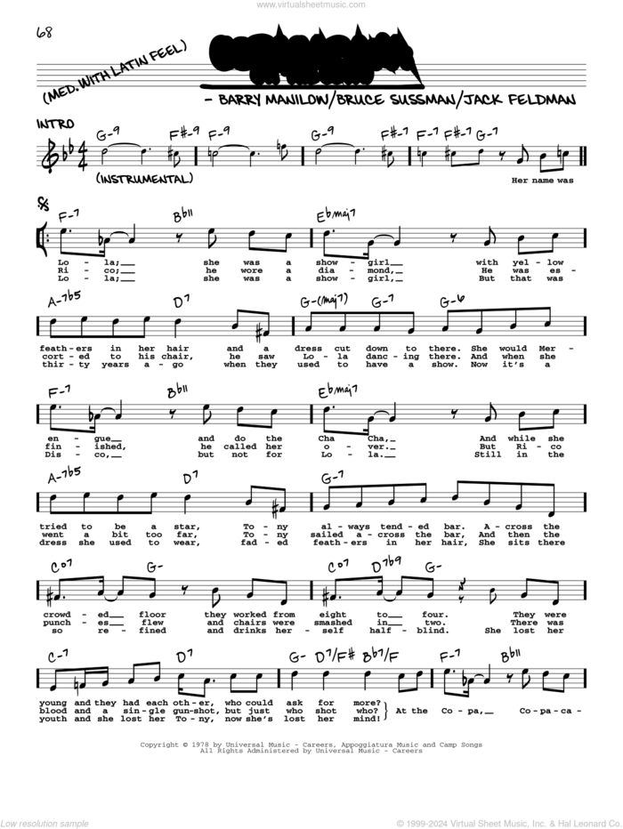 Copacabana (At The Copa) sheet music for voice and other instruments (real book with lyrics) by Barry Manilow, Bruce Sussman and Jack Feldman, intermediate skill level