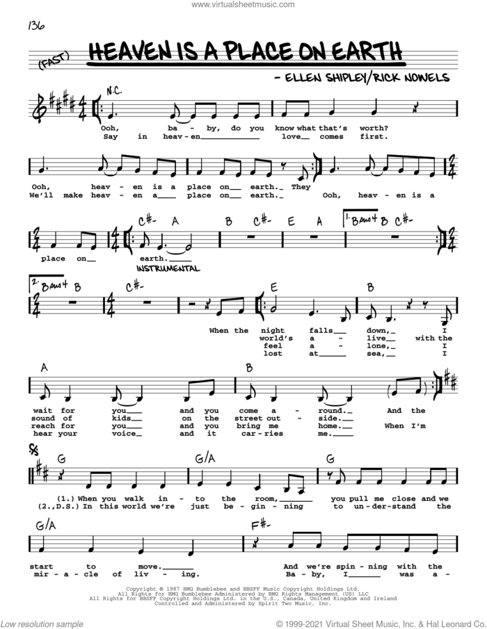 Heaven Is A Place On Earth sheet music for voice and other instruments (real book with lyrics) by Belinda Carlisle, Ellen Shipley and Rick Nowels, intermediate skill level
