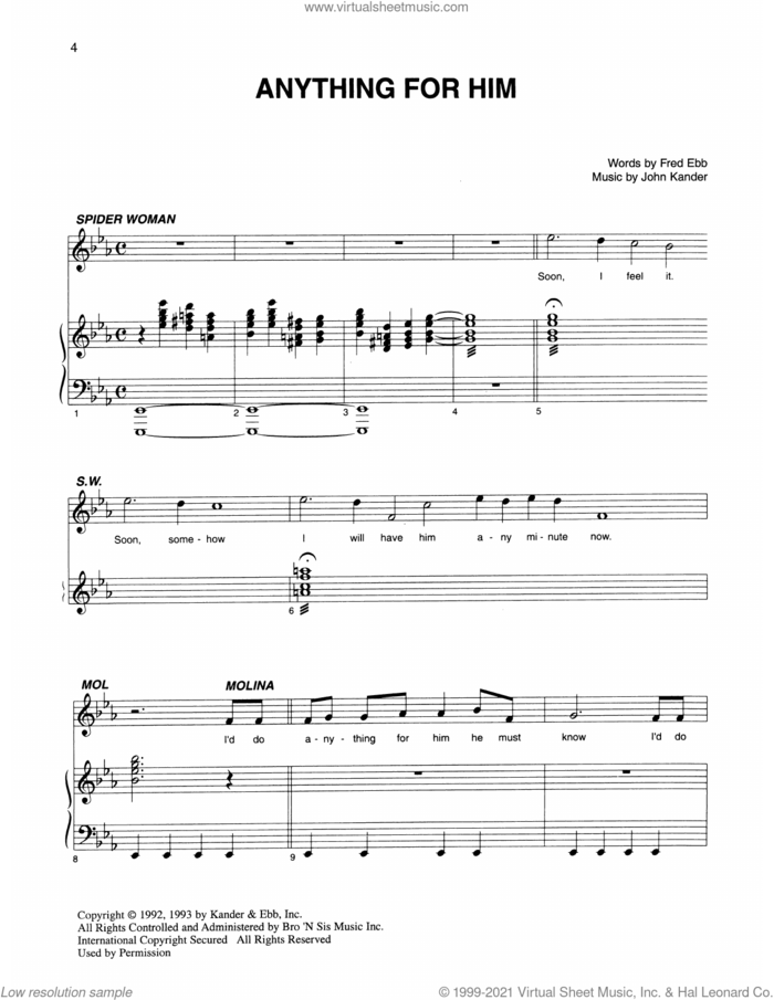 Anything For Him (from Kiss Of The Spider Woman) sheet music for voice and piano by John Kander, Fred Ebb and Kander & Ebb, intermediate skill level