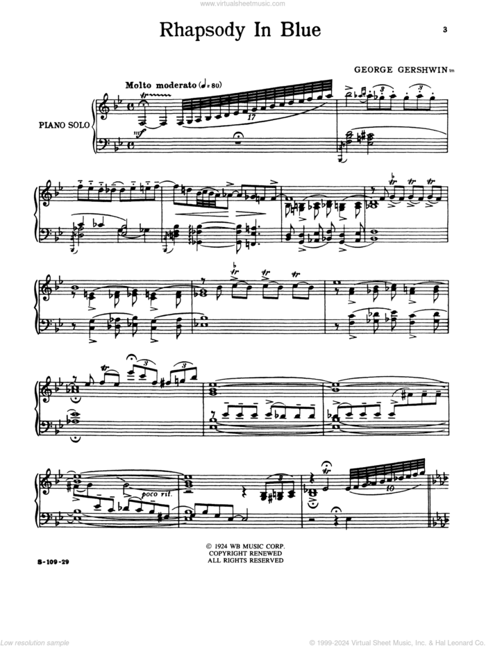 Rhapsody In Blue (full version) sheet music for piano solo by George Gershwin, classical score, intermediate skill level