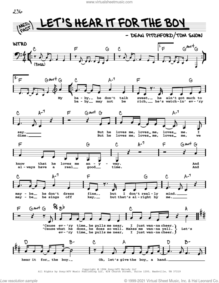 Let's Hear It For The Boy sheet music for voice and other instruments (real book with lyrics) by Deniece Williams, Dean Pitchford and Tom Snow, intermediate skill level