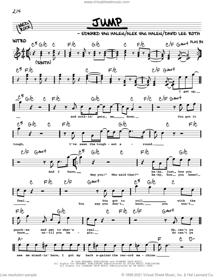 Jump sheet music for voice and other instruments (real book with lyrics) by Edward Van Halen, Alex Van Halen and David Lee Roth, intermediate skill level
