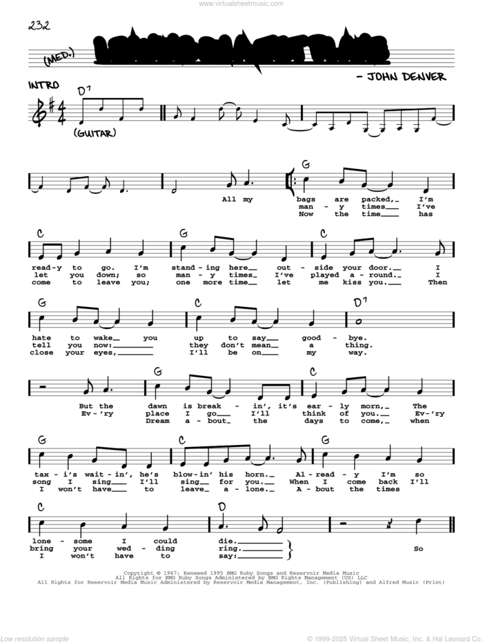 Leaving On A Jet Plane sheet music for voice and other instruments (real book with lyrics) by John Denver and Peter, Paul & Mary, intermediate skill level