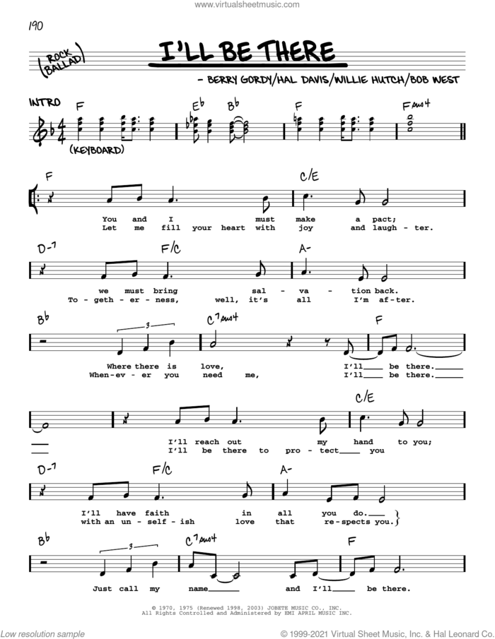 I'll Be There sheet music for voice and other instruments (real book with lyrics) by The Jackson 5, Berry Gordy Jr., Bob West, Hal Davis and Willie Hutch, intermediate skill level