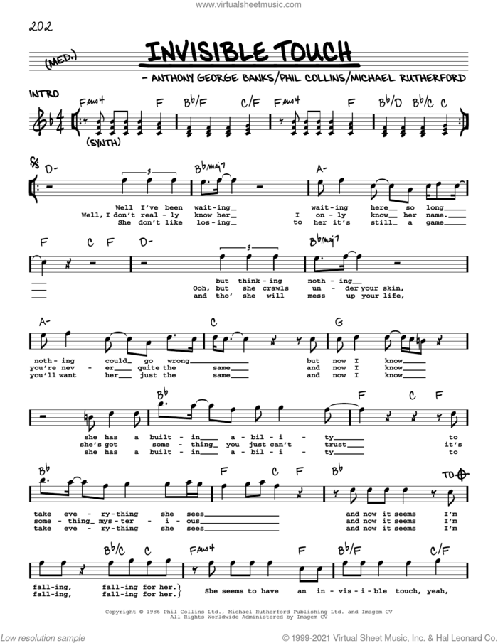 Invisible Touch sheet music for voice and other instruments (real book with lyrics) by Genesis, Anthony George Banks, Michael Rutherford and Phil Collins, intermediate skill level