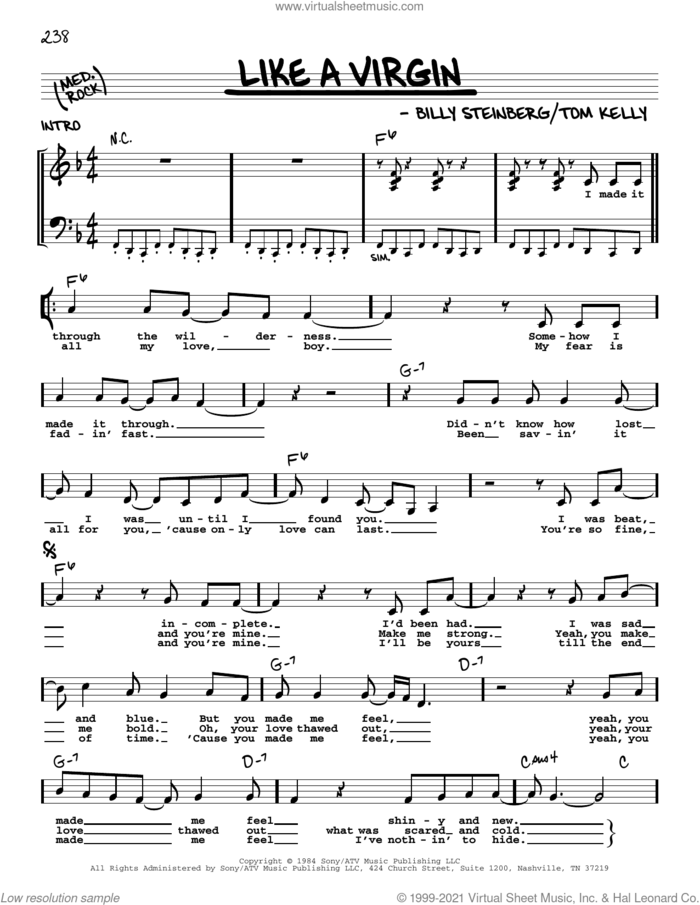 Like A Virgin sheet music for voice and other instruments (real book with lyrics) by Madonna, Billy Steinberg and Tom Kelly, intermediate skill level