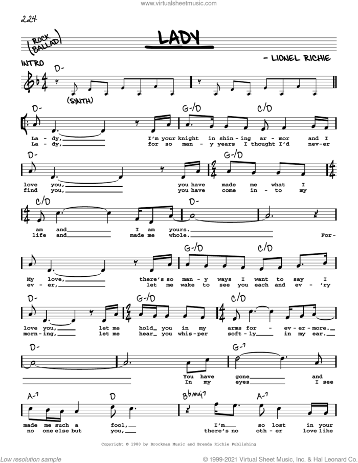 Lady sheet music for voice and other instruments (real book with lyrics) by Kenny Rogers and Lionel Richie, intermediate skill level