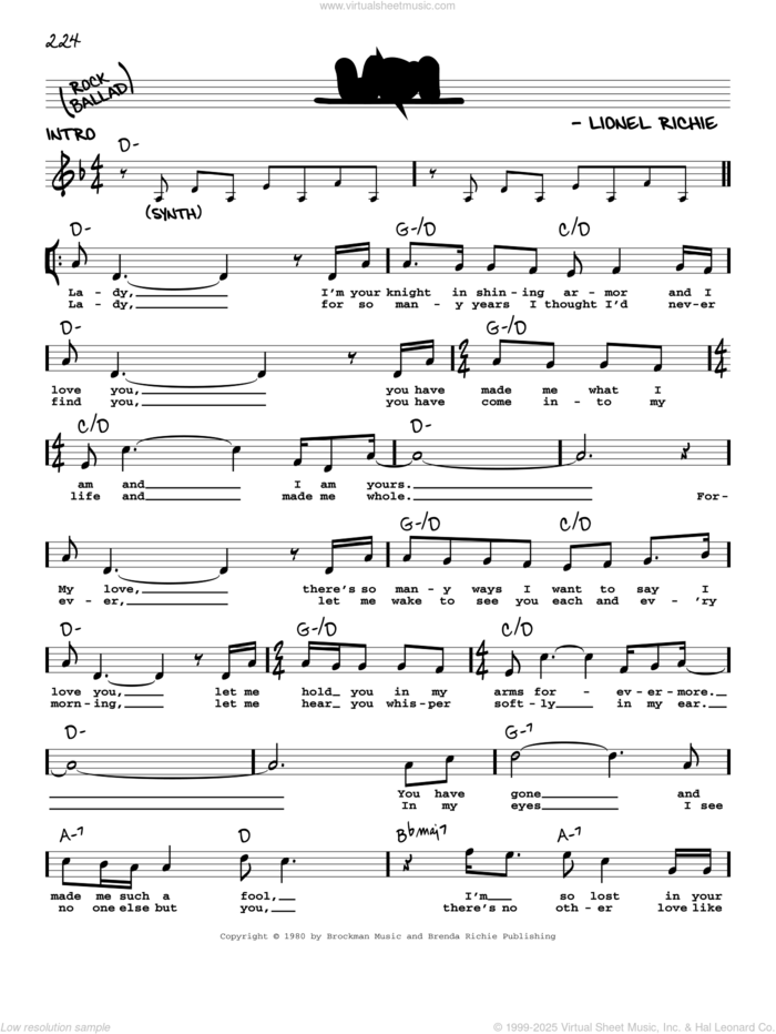 Lady sheet music for voice and other instruments (real book with lyrics) by Kenny Rogers and Lionel Richie, intermediate skill level