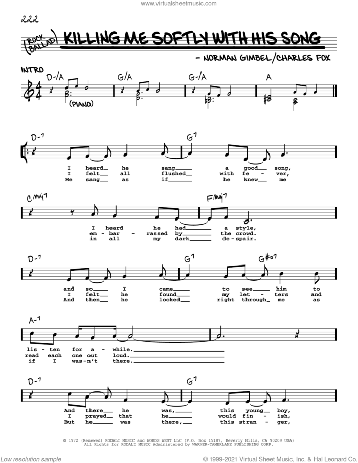 Killing Me Softly With His Song sheet music for voice and other instruments (real book with lyrics) by Roberta Flack, Charles Fox and Norman Gimbel, intermediate skill level