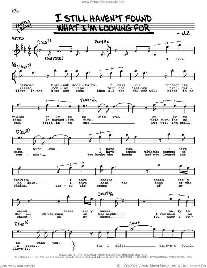 I Still Haven't Found What I'm Looking For sheet music for voice and other instruments (real book with lyrics) by U2, intermediate skill level