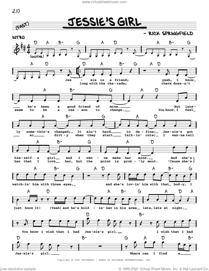 Jessie's Girl sheet music for voice and other instruments (real book with lyrics) by Rick Springfield, intermediate skill level
