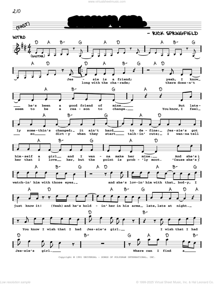 Jessie's Girl sheet music for voice and other instruments (real book with lyrics) by Rick Springfield, intermediate skill level