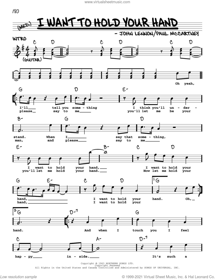 I Want To Hold Your Hand sheet music for voice and other instruments (real book with lyrics) by The Beatles, John Lennon and Paul McCartney, intermediate skill level